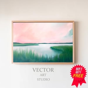 Pink Marsh Sunset Landscape Painting | Pastel Lowcountry Coastal Watercolor Wall Art Print Digital Download | Carolina Beach House Printable