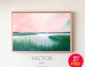 Pink Marsh Sunset Landscape Painting | Pastel Lowcountry Coastal Watercolor Wall Art Print Digital Download | Carolina Beach House Printable