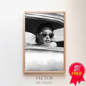Black and White Fashion Print, Feminist Poster, Classic Car Print, Retro Wall Art, Luxury Wall Decor, Digital Download, Teen Girl Room Decor