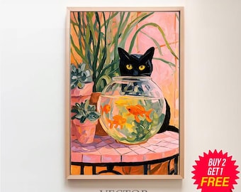 May include: A framed art print featuring a black cat observing goldfish in a glass bowl. The artwork has a pink and orange background with potted plants. The text "VECTOR ART STUDIO" is at the bottom.