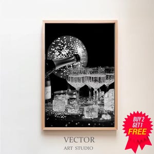 Champagne Flutes & Disco Ball Poster, Black and White, Bar Cart Print, Cocktail Wall Art, Alcohol Print, Printable, Bachelorette Party Decor