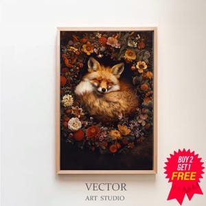 Baby fox in Magic Forest core Dark Cottagecore Academia Floral Botanical Wild Animal Wall Art Decor Moody Vintage Oil painting Printable Art