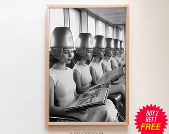 Ladies at Hair Salon Wall Art, Vintage Beauty Salon Decor, Black and White Print, Retro Hairstylist Wall Decor, 1960s Vintage Poster