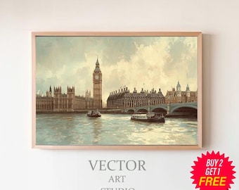 アンティーク絵画、オールドロンドン（イギリス）、油絵プリント