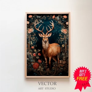 William Morris Inspired Deer Art Print, Nature Wall Art, Nature Prints, Kitchen Large Wall Art Canvas, Animal Prints, Forest Wall Art
