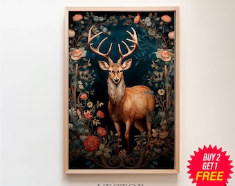 May include: A digital painting of a deer with large antlers standing in a lush forest setting. The deer is brown and has a white face. The forest is filled with green leaves and red flowers. The background is a dark teal color.