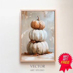 Puede incluir: Una pintura de una pila de tres calabazas. La calabaza de abajo es blanca con reflejos marrones. La calabaza del medio es blanca con un tono azul claro. La calabaza de arriba es de color naranja claro. Las calabazas están sobre un fondo marrón claro.