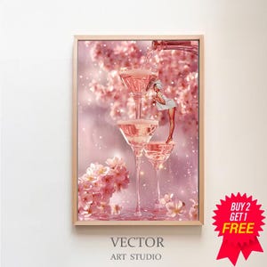 Pink Vintage Bar Cart Print Alcohol Cheers Print, Bar Cart Accessories, Champagne Glass Printable Wall Art Preppy Wall Decor Bar Cart Signs