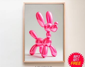 Impresión de perro con globos, arte de pared preppy rosa, impresión para amantes de los perros, póster de arte animal, arte de moda con estampado femenino, impresión de animal con globos, impresión de arte para guardería