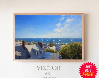 Vintage Summer Coastal View, Abstract Samsung Frame TV Art, Cape Cod Digital Download, Beach Oil Painting
