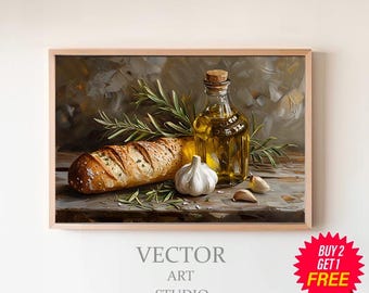 May include: A still life painting of a loaf of bread, a bottle of olive oil, and garlic cloves on a wooden table. The bread is sliced and has a golden brown crust. The olive oil bottle is clear glass and has a cork stopper. The garlic cloves are white and have a papery skin. The background is a dark brown color.