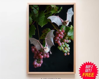 Morcegos de frutas albinos Dark Cottagecore Goth Print, pintura a óleo vintage botânica, decoração Whimsigoth, arte de parede gótica, Dark Academia para impressão