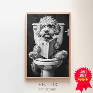 Cockapoo auf der Toilette und liest Zeitung, Badezimmer Ideen Bilder ,Funny Dog Picture, Wanddeko Bild, Eirichtung Ideen Badezimmer Poster