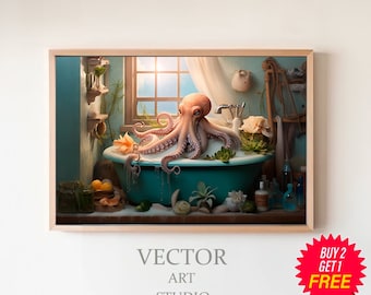 Octopus in the Bathtub Oil Painting, Funny Bathroom Wall Art, Octopus Wall Art, Animal in Bathtub, Dark Humor, Whimsy Animal Art
