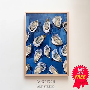 Blue Oyster Shell Painting | Abstract Coastal Beach House Wall Art | Summer Seafood Kitchen Print | Dining Room Printable Digital Download