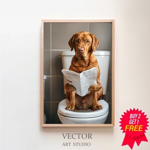 Vizsla Welpe auf der Toilette liest Zeitung, Badezimmer Poster, digitaler download, Geschenk für Hundebesitzer,Vizsla art,Funny Dog Picture