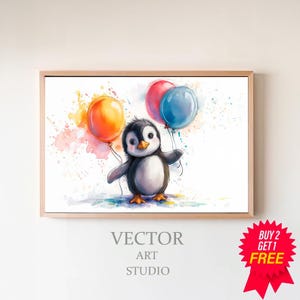 May include: A watercolor painting of a penguin holding three balloons. The balloons are red, blue, and yellow. The penguin is wearing a black and white tuxedo. The background is a light blue watercolor wash.