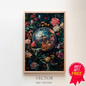 Vivid Printable Wall Art, Disco Ball Maximalist Painting, Bold Eclectic Botanical Print, Green Trendy Kitsch Poster, Colorful Dopamine Decor