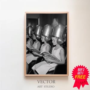 Ladies at Hair Salon Wall Art, Vintage Beauty Salon Decor, Black and White Print, Retro Hairstylist Wall Decor, 1960s Vintage Poster