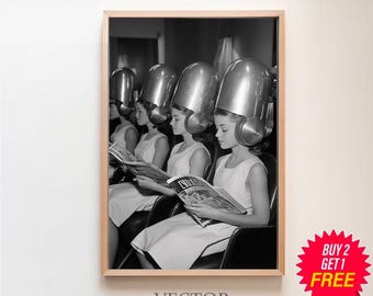 Ladies at Hair Salon Wall Art, Vintage Beauty Salon Decor, Black and White Print, Retro Hairstylist Wall Decor, 1960s Vintage Poster