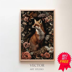 Botanical Fox Dark Gothic Cottagecore Printable, Dark Academia Print, Goth Wall Art, Woodland Animal, Floral Vintage Painting, Witch Decor