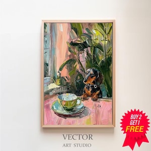 Puede incluir: Una pintura de un perro salchicha sentado en un mantel rosa con una taza de té verde y un platillo. El perro está mirando hacia la izquierda de la imagen. El fondo es una pintura de una ventana y plantas verdes.