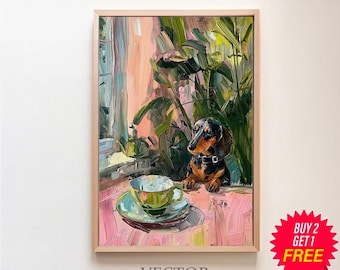 Impressão de Dachshund retrô, decoração de cozinha de cachorro e xícaras de chá vintage, pôster de ilustração de café, arte de parede de sala de jantar, mãe de cachorro, pintura de natureza morta