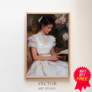 Woman Reading - Vintage Style Wall Art - Library Reading Nook Décor- Digital Download Printable - Farmhouse - Elegant Victorian Woman