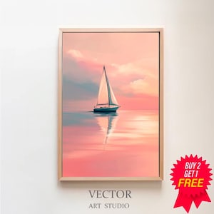 Pink Sailboat Painting | Sunset Art Print | Coastal Wall Decor | Beach House Printable | Seashore Digital Download | Summer Ocean Landscape