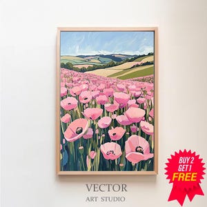 California Poppy Field Painting | Wildflower Landscape Wall Art Print | Flower Meadow Printable | Colorful Floral Scenery Digital Download