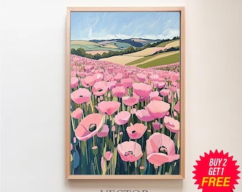 California Poppy Field Painting | Wildflower Landscape Wall Art Print | Flower Meadow Printable | Colorful Floral Scenery Digital Download