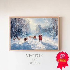 FRAME TV art Santa and Reindeer, Samsung Frame tv art Christmas painting download, Pink Christmas Frame tv art winter landscape
