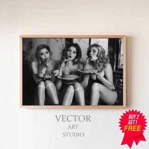 Women Eating Spaghetti With Chopsticks Wall Art, Women Eating Pasta Print, Black and White Photo, Retro Wall Decor, Vintage Wall Art