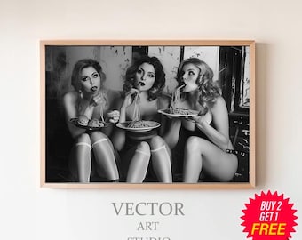 Vrouwen eten spaghetti met eetstokjes kunst aan de muur, vrouwen eten pasta print, zwart-wit foto, retro wanddecoratie, vintage muurkunst