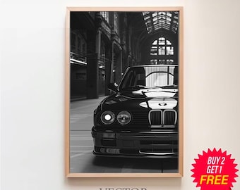 BMW E30 Plakat, Vintage BMW Druck, Oldtimer-Plakat, Oldtimer-Plakat, Sportwagen-Druck, BMW Wanddekor, Schwarzweiß-Auto-Plakat