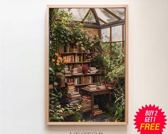 Greenhouse Library Reading Nook Painting Printable, Library Art Print, Bookish Wall Art, Book Lover Fantasy Poster Gift, Bibliophile Decor