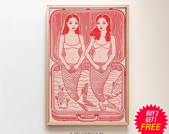 Stampa di sardine sirene, arte murale della cucina, stampa di latta di sardine, arte rossa e rosa, arredamento della sala da pranzo, arredamento retrò della cucina, arte retrò del cibo