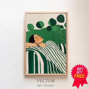 エメラルドグリーンの抽象的な人物の大きな壁アート、現代アート作品、ミニマリストプリント、リビングルームの壁アート、デジタルダウンロード、ストライプの女性プリント