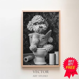 Cockapoo auf der Toilette und liest Zeitung, Badezimmer Ideen Bilder ,Funny Dog Picture, Wanddeko Bild, Eirichtung Ideen Badezimmer Poster