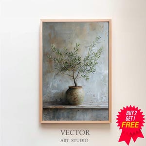 Olive Tree in Aged Vase Painting, PRINTABLE ART, Vertical Art Print, Vintage Botanical Art