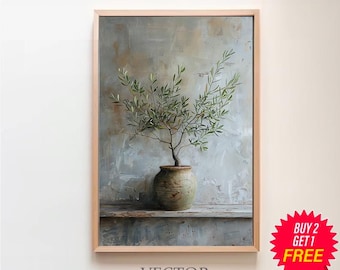 Olivenbaum Vase in gealterter Vase Gemlde, DRUCKBARE KUNST, Vertikaler  Kunstdruck, Vintage botanische Kunst