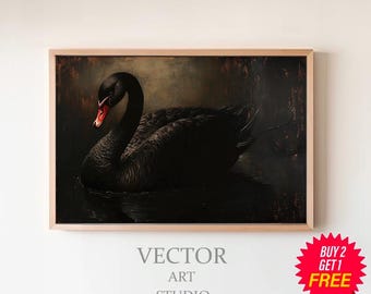 Arte imprimible de cisne negro, pintura al óleo vintage, pájaro cisne, decoración de pared victoriana, impresión de pájaro gótico, arte de pared con animales Cottagecore de Dark Academia