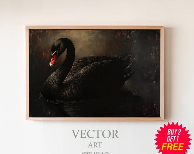 Black Swan Art Printable, Vintage Oil Painting Swan Bird Victorian Wall ...