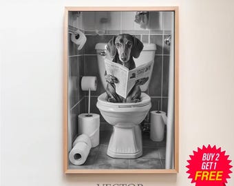 May include: A black and white photograph of a dachshund dog sitting on a toilet and reading a newspaper. The dog is wearing a collar and has a serious expression on its face. The toilet is white and has a white seat. The newspaper is folded in half and the dog is holding it with its paws. The background is a white tiled bathroom.