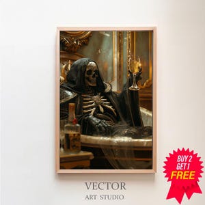 grim reaper in bathroom print | bubble bath skeleton, vintage poster, art poster print, dark academia, halloween art decor, haunting ghost