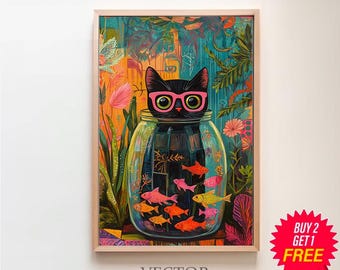 マティスの金魚と猫のポスター、印刷可能なマティス、黒猫の絵画、黒猫