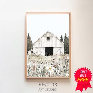 Printable Rustic Barn Art, White Barn Painting, Rustic Farmhouse Summer Decor, Digital Download, Countryside Print
