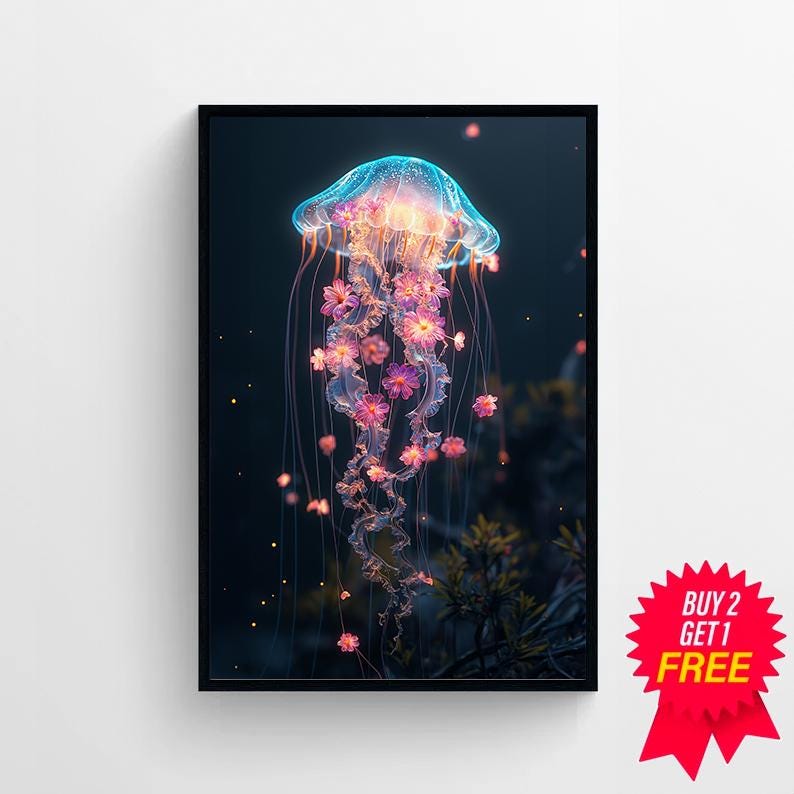 ダークフローラルクラゲの絵画 - デジタルアートプリント - ダーク