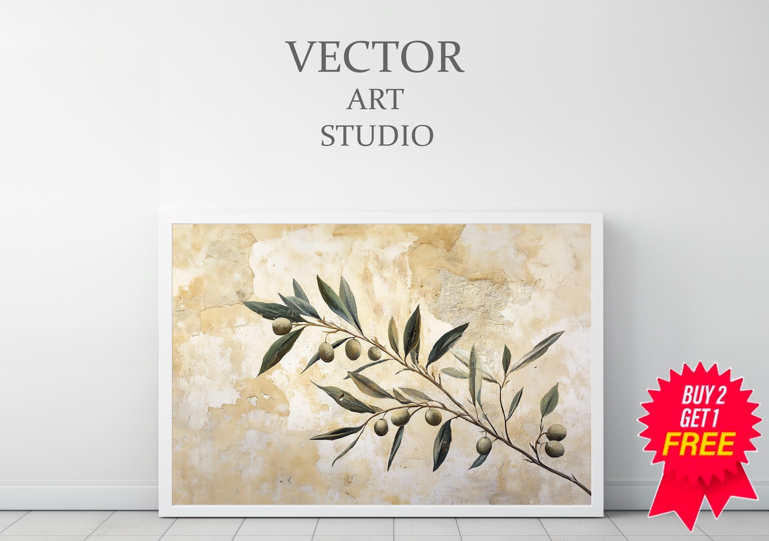 オリーブの枝の絵画 | オリーブの木の植物アート | 落ち着いた色彩