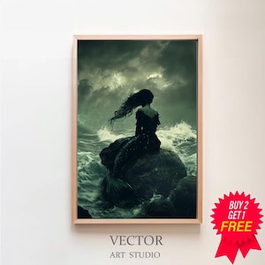 Dark Ocean Mermaid Seascape Art Painting, Dark Fantasy Fairytale Wall Art, Cottagecore Mermaidcore Siren Art Printable, Dark Arcademia Decor